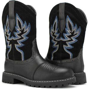 🆕Hawkwell Women's Black Fashion Mid Calf Round Toe Embroidered Western Boots